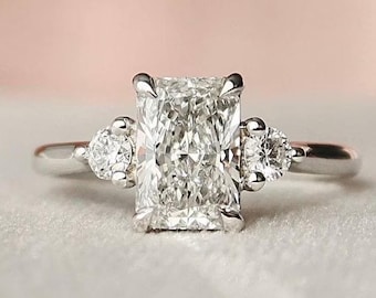 Anillo de compromiso Trilogy con moissanita de corte radiante, anillo de bodas con tres diamantes de corte radiante y redondo, oro macizo de 14 quilates, regalo de aniversario.