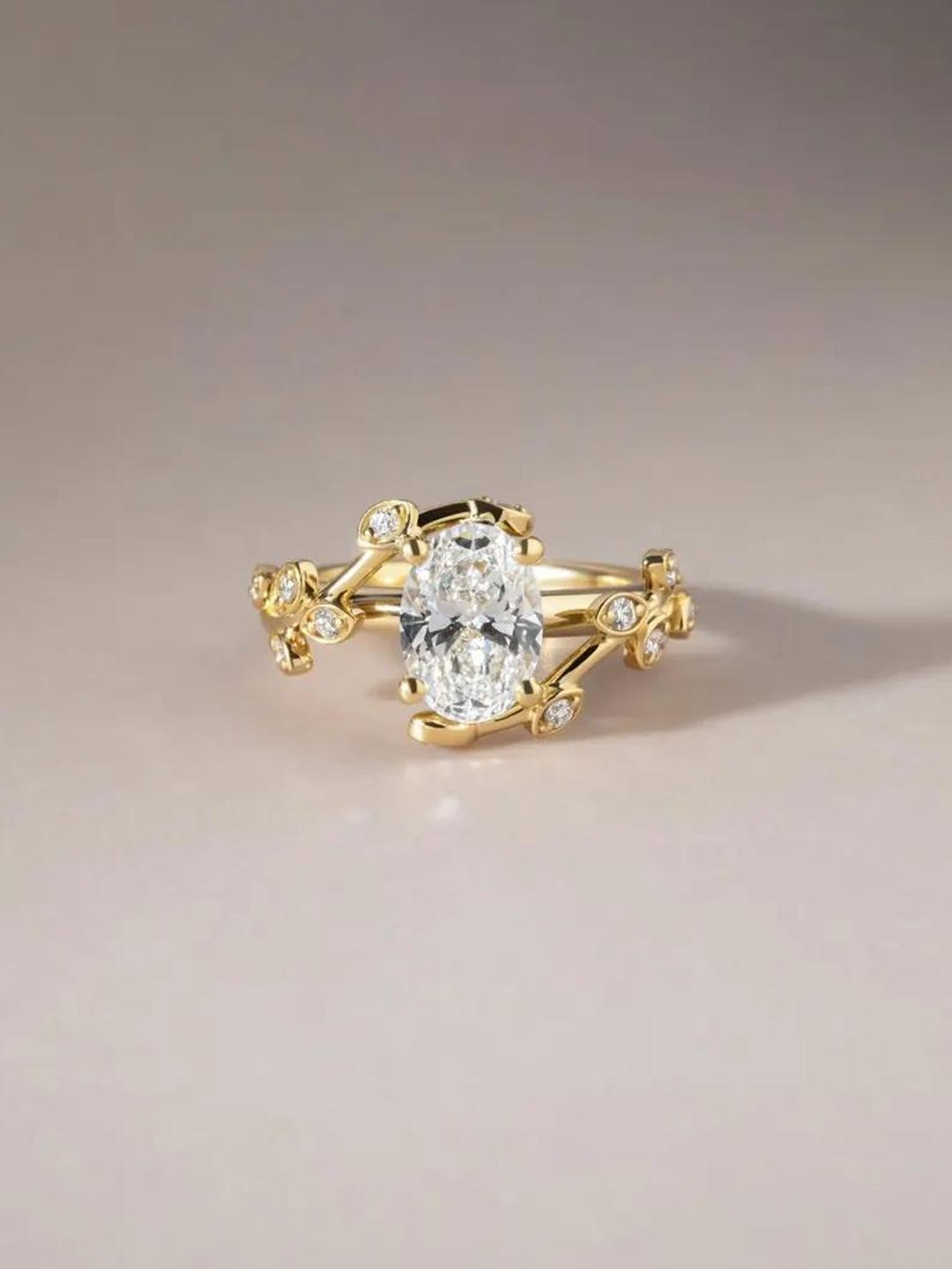 3 CT Oval Cut Moissanite Engagement Ring, 14K Yellow Gold Floral Leaf ...