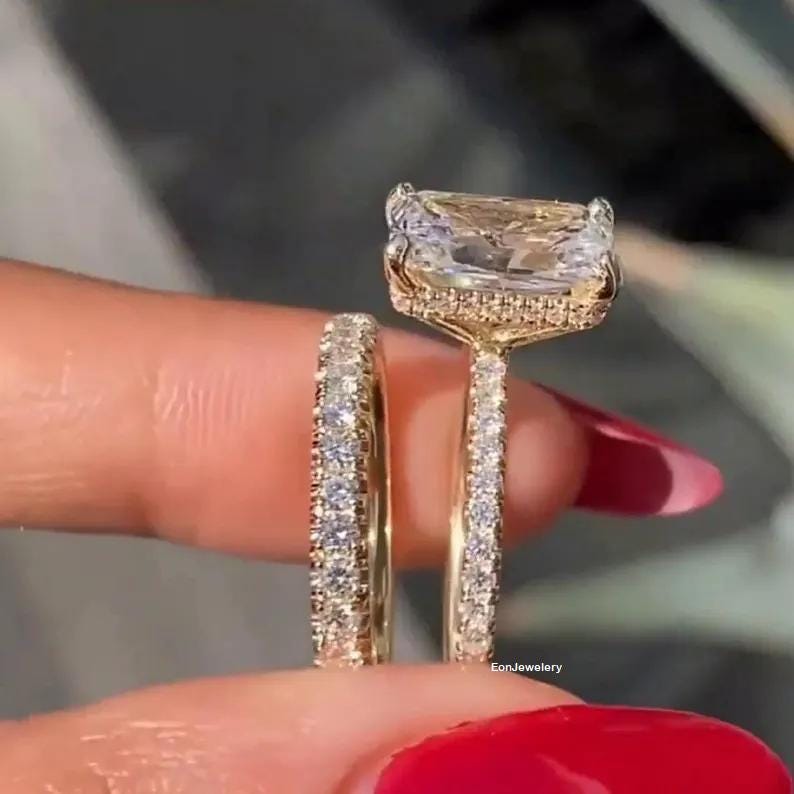 3 CT Radiant Cut Moissanite Wedding Ring Set Unique Hidden Halo Bridal ...