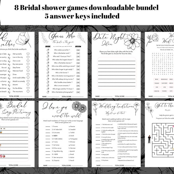 Ensemble de jeux de douche nuptiale floral élégant - 8 jeux imprimables, PDF téléchargeable instantanément