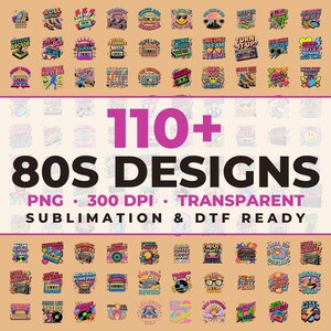 Könnte beinhalten: Eine digitale Sammlung von über 110 Grafikdesigns im Stil der 80er Jahre mit bunten Illustrationen von Kassetten, Ghettoblastern, Rollschuhen und Neontext. Das Bild enthält den Text 110+ 80S DESIGNS PNG 300 DPI TRANSPARENT SUBLIMATION & DTF READY.