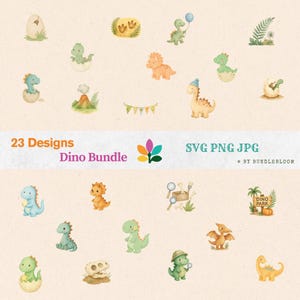 May include: A collection of 23 watercolor dinosaur designs in various colors, including green, blue, and orange. The designs feature dinosaurs in different poses, along with eggs, a volcano, and a banner. Text reads "23 Designs Dino Bundle" and "SVG PNG JPG".