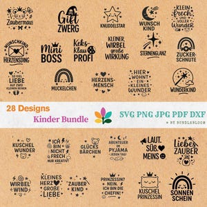 Könnte beinhalten: Ein "Kinder Bundle" mit 28 Designs, das deutsche Sätze und Illustrationen enthält. Die Designs umfassen Sterne, Herzen und verspielte Texte, die für Kinderhandwerk geeignet sind.