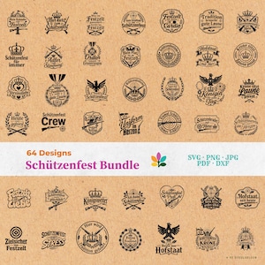 Puede incluir: Una colección digital de 64 diseños gráficos negros con temas de Schützenfest, que incluyen coronas, rifles, objetivos y texto en alemán. El paquete incluye los formatos de archivo 64 Designs Schützenfest Bundle, SVG, PNG, JPG, PDF y DXF.