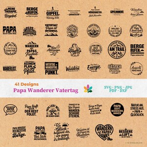 Op de afbeelding: Een verzameling van 41 ontwerpen met wandel- en Vaderdagthema's. De ontwerpen bevatten zinnen als "Papa's Pad" en "Wandelen is Papa's Vrijheid" in verschillende lettertypen en stijlen, met wandelgerelateerde afbeeldingen.
