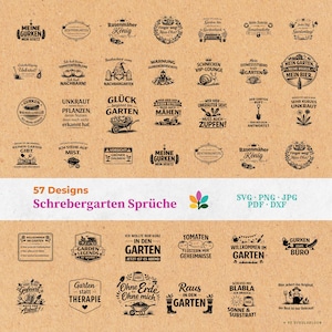 May include: A selection of 57 garden-themed designs in German, featuring phrases such as "My Garden, My Beer" and "No Garden, No Life." The black designs are on a brown background, with file formats including SVG, PNG, JPG, PDF, and DXF.