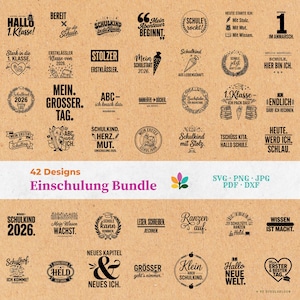 May include: A collection of 42 school-themed designs, featuring phrases such as "Hello 1st Class!" and "My First Day of School." The designs are available in SVG, PNG, JPG, PDF, and DXF formats, suitable for various craft projects.