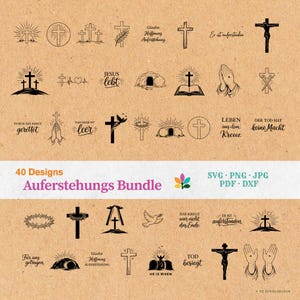 Puede incluir: Una colección de 40 diseños de arte lineal negro sobre un fondo marrón claro, con cruces, símbolos religiosos y texto. El texto incluye "Auferstehungs Bundle" y opciones de tipo de archivo: SVG, PNG, JPG, PDF y DXF.