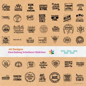 May include: A selection of 45 school-themed designs, featuring phrases such as "Schoolchild," "Pink Glitter School," and "My First Day in Pink." The designs are in black and white, with pink accents. Ideal for craft projects.