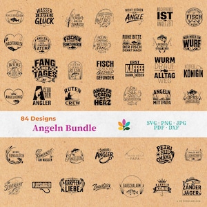 May include: A digital collection of 84 fishing-themed graphic designs featuring black typography and illustrations of fish, rods, and hooks on a tan background. The text includes phrases like Anglerliebe, Fisch gesucht, and Angelkönig in various styles.