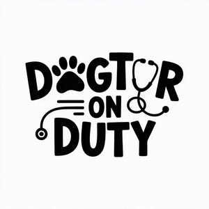 Könnte beinhalten: Schwarz-weiße Grafik mit den Worten "Doctor On Duty". Der Buchstabe "O" in "Doctor" wird durch einen Pfotenabdruck ersetzt. Ein Stethoskop ist in das Design integriert.