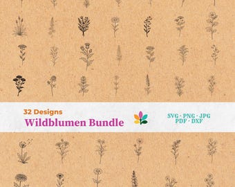 Wildblumen SVG Bundle - Plotterdateien & Laserdateien, Botanische Skizze DXF, Blumen, Frühling, Cricut, Doodle, Blumenrand | Sofort-Download