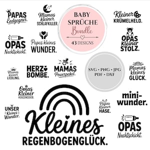 Peut inclure: Plusieurs motifs noirs et blancs sur le thème des bébés avec du texte allemand. Les motifs incluent des phrases comme "Baby Sprüche Bundle" et "Kleines RegenbogenGlück", ainsi que des graphiques arc-en-ciel et cœur. L'image comprend également des informations sur le type de fichier.