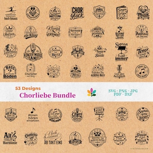 Op de afbeelding: Een digitale collectie van 53 zwarte grafische ontwerpen met muziekthema's, Duitse koorteksten, microfoons en muzieknoten. De bundel bevat bestandsformaten zoals SVG, PNG, JPG, PDF en DXF op een gestructureerde bruine achtergrond.