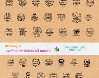 Backen SVG Bundle - 34 Plotter-Dateien Backen Weihnachten, Plotterdatei Plätzchen für Cricut, Deutsche Plätzchen Sprüche, Laserdatei DXF