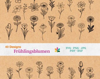 Plotterdatei Blumen SVG Bundle – Florale Designs, Wildblumen Laserdatei, Frühling DXF, Botanische Zeichnung | Sofort Download