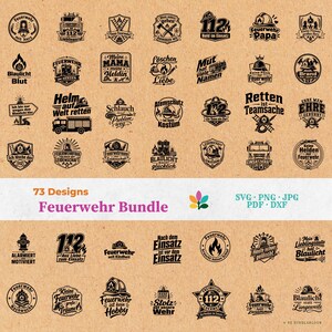 Op de afbeelding: Een digitale collectie van 73 zwarte grafische ontwerpen met brandweerthema's, waaronder helmen, brandweerwagens, brandkranen en Duitse tekst. De bundel bevat SVG-, PNG-, JPG-, PDF- en DXF-bestandsformaten voor diverse creatieve projecten.