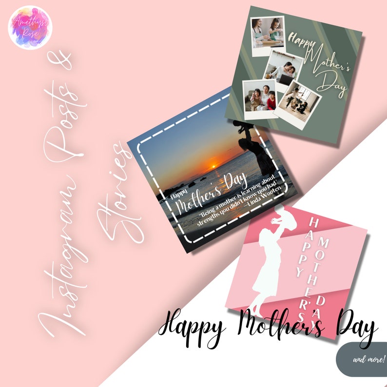 May include: Three different designs for Mother's Day social media posts. The first design features a sunset over the ocean with the text "Happy Mother's Day" and a quote about motherhood. The second design features a silhouette of a mother holding a child with the text "Happy Mother's Day" spelled out vertically. The third design features a collage of photos with the text "Happy Mother's Day".