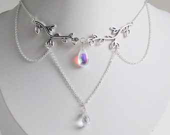 Handmade Elegant Bridal Ethereal Delicate Silver Leaf Necklace Custom + Crystal Teardrop, Layered Chains Fairycore Jewelry