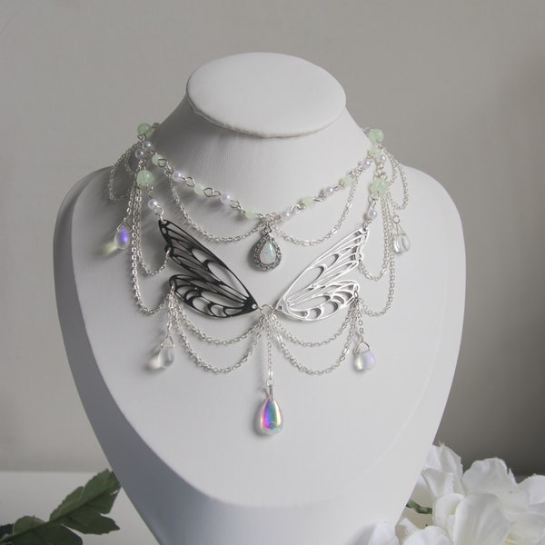 Exclusive Handmade Ethereal Delicate Dainty Elegant Fairycore Wings Silver Green & Pearl Beaded, Opal Pendant Layered Chain Necklace