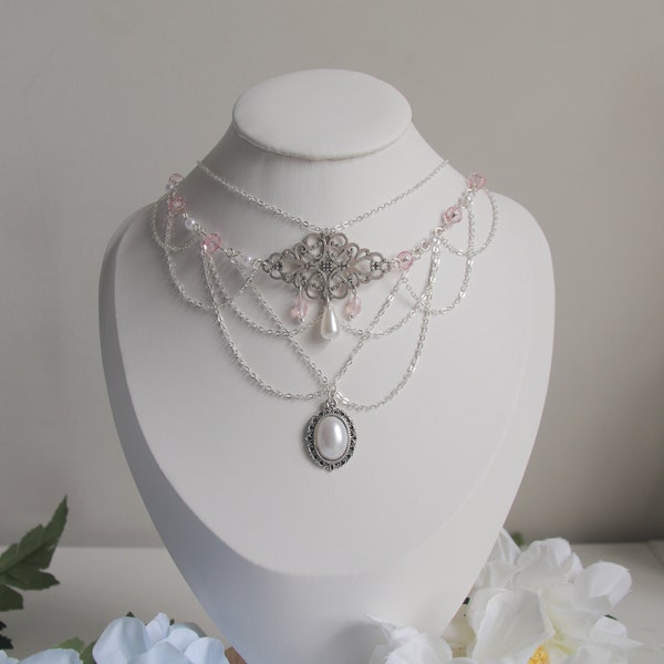 Exclusive Handmade Ethereal Delicate Dainty Elegant Coquette Victorian Silver Pink & Pearl Beaded, Pearl Pendant Layered Chain Necklace