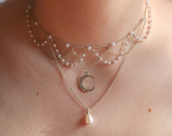 Handmade Dainty Delicate Ethereal Celestrial Elegant Silver White Pearl Beaded Moon Pendant Layered Chain Necklace