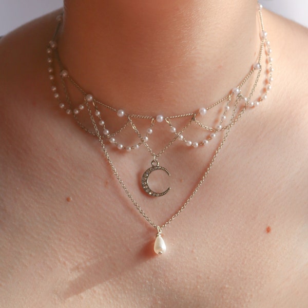 Handmade Dainty Delicate Ethereal Celestrial Elegant Silver White Pearl Beaded Moon Pendant Layered Chain Necklace