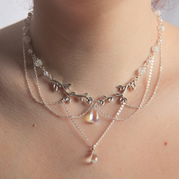 Handmade Dainty Ethereal Fairy Elegant Silver Cracked Crystal & Pearl Beaded Leaf Necklace with Custom Pendant, Crystal and Chain Layers