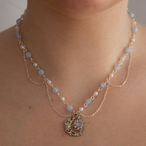 Handmade Ethereal Delicate Dainty Elegant Fairycore Celestial Silver Blue & Pearl Beaded Moon and Flower Pendant Layered Chain Necklace