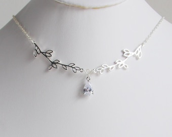 Handmade Dainty Delicate Bridal Fairycore Ethereal Elegant Silver Delicate Leaf Necklace, Custom Teardrop Crystal Pendant