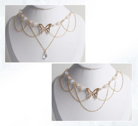 Handmade Dainty Delicate Ethereal Fairy Elegant Gold Opal and Pearl Beaded Butterfly and Crystal Pendant Layered Chain Necklace Etsy