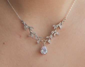 Handmade Dainty Ethereal Fairy Elegant Silver Crystal Leaf Necklace with Teardrop Pendant