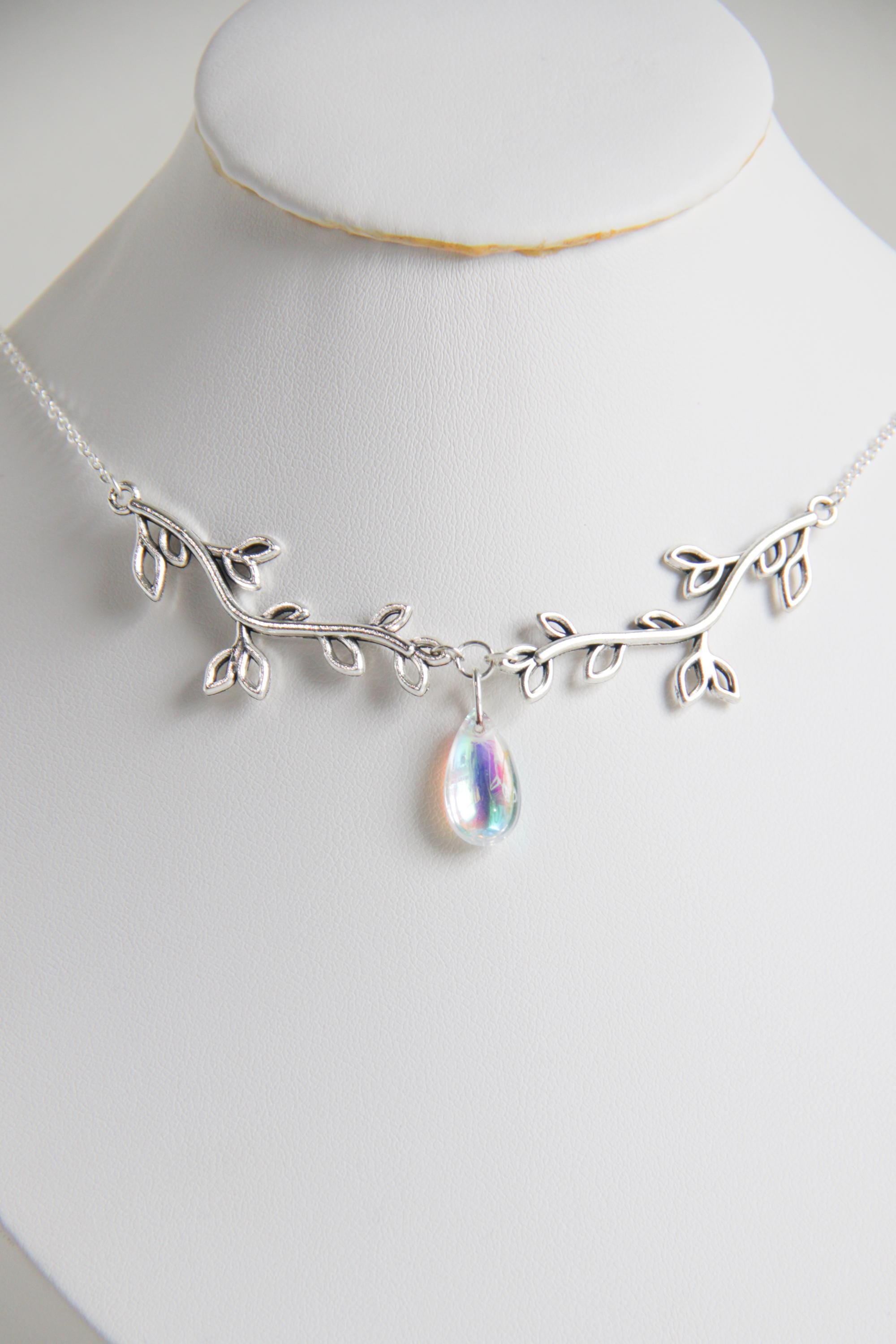 Handmade Dainty Elegant Bridal Fairycore Delicate Silver Leaf Necklace,  Ethereal Custom Colour Teardrop Pendant,