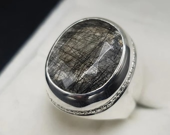 Black Rutilated Quartz Ring, Natural Rutile Quartz Ring, Handmade 925 Sterling Silver Ring, Oval Najaf Stone Ring, Solitaire Ring, Mens Ring