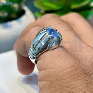 Blue Sapphire Ring for Men, 925 Sterling Silver Handmade Ring, Natural Rare Sapphire Gemstone Jewellery, Sapphire Wedding Ring Gift for Him
