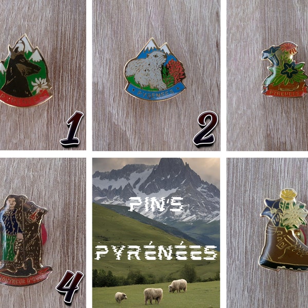 Pin's vintage des pyrénéens . Marmotte , chèvre des Pyrénées , Le montreur d'ours ,chaussures avec des fleurs , fleurs des Pyrénées
