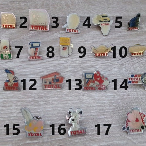 Pins Total vintage Enseigne : Total collection Astérix, Idéfix, Obélix, Roue, Rouleau, Total Avis, bonbon, Biberon, Gazole, Station Service.