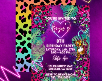 Cheetah Rainbow EDITABLE Birthday Invitation