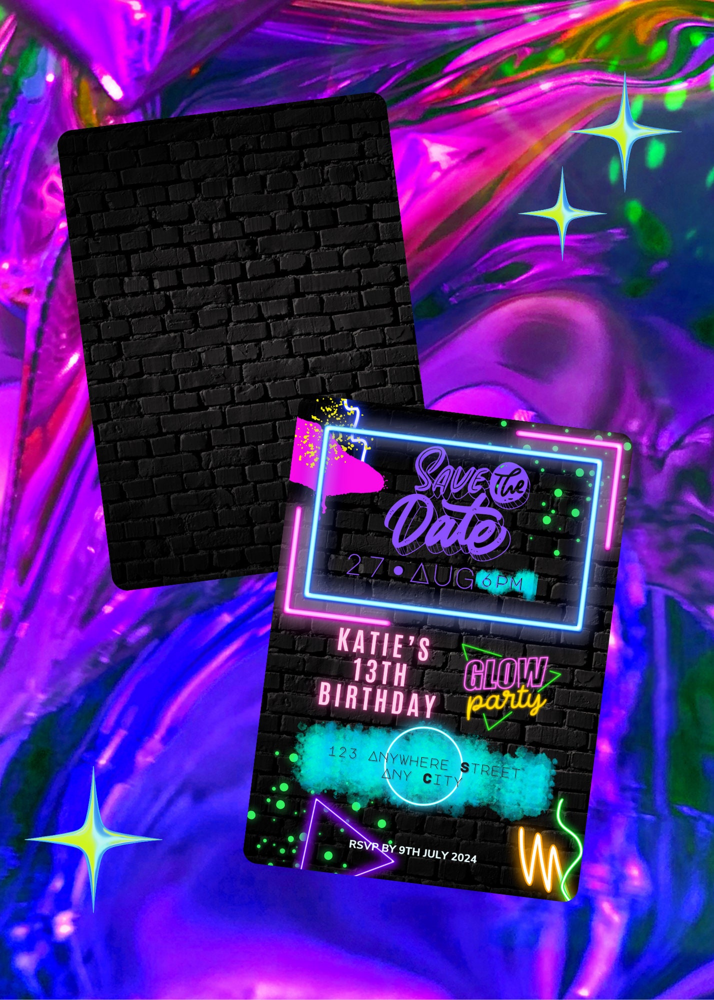 20 Inviti Per Festa Neon Glow 'Let's Play' - Formato 10,2x15,2 Cm Con Buste
