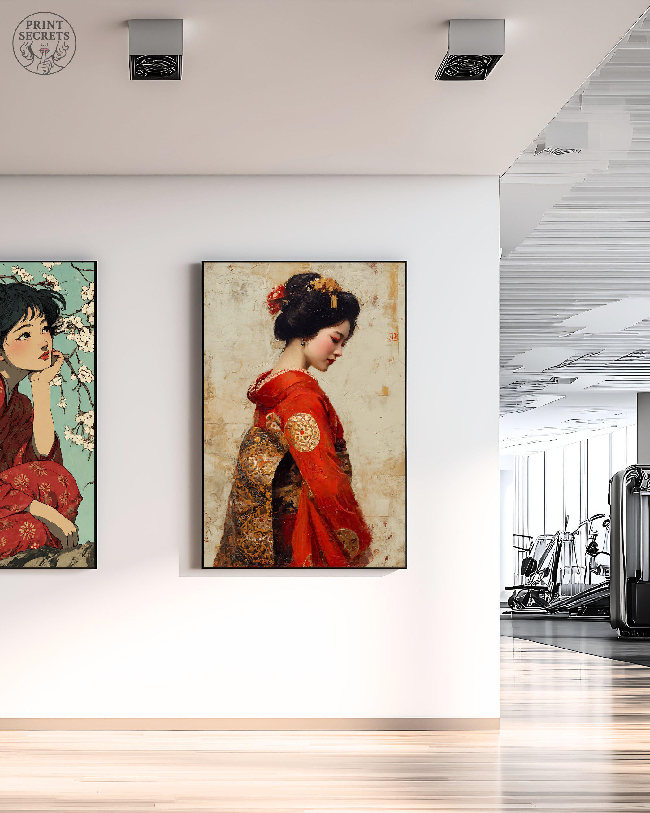 Japanese Geisha Art Print Red Kimono Elegant Traditional Portrait ...