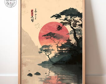 Japanse tempel zonsondergang kunstprint, rood zonlandschap (mat of glanzend)