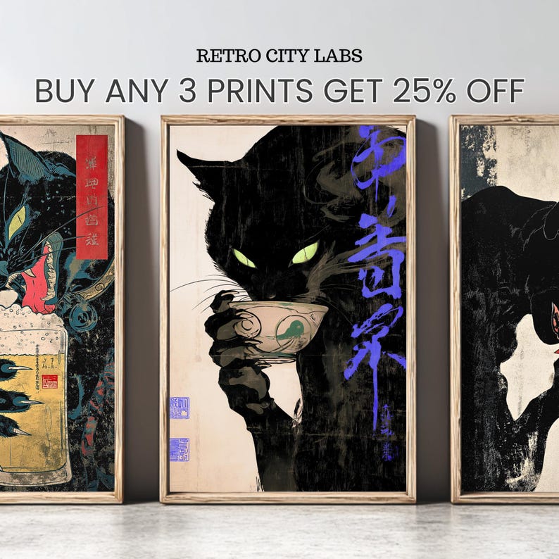Cat Art Print: Japanese Ukiyo-e Style - Vintage Tea Theme - Etsy