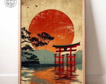 Japanese Torii Gate Print: Sunset Landscape with Red Sun