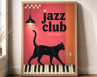 Ruby Red Jazz Lounge Cat Piano Wall Art Print