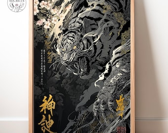 Muurkunstdruk tijger: Japanse ukiyo-e-stijl - zwartgouden inkt