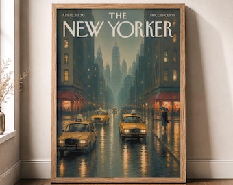 Vintage New Yorker Rain Print, Moody Manhattan Taxi Wall Art