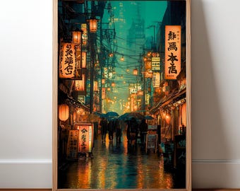 Japanse stadskunstdruk: neonlichten en regenachtige straten Tokio - mat papier