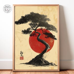 Japanese Bonsai Tree Art Print Red Sun Minimalist Zen Decor