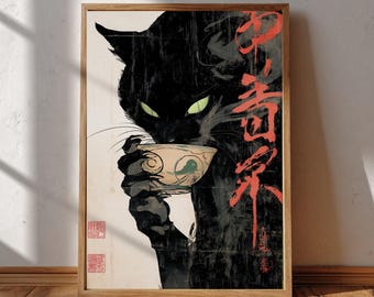 Kattenkunstdruk: Japanse ukiyo-e-stijl - vintage theethema