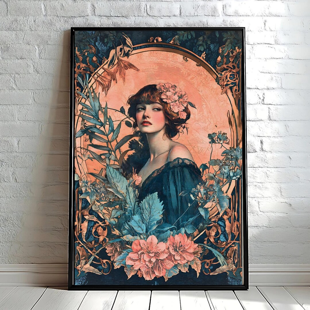 Art Nouveau Floral Woman Portrait Vintage Botanical Illustration Wall ...